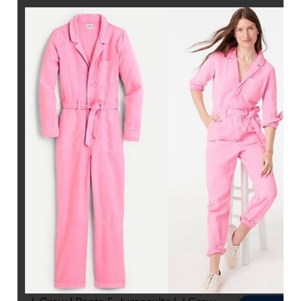 J.Crew Garment Dyed Coverall Jumpsuit Azalea Pink Belted NWT Size 0 - Picture 3 of 10